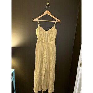 Madewell Beige/White Striped Linen Cotton Wide Leg V-Neck Jumpsuit 0 NL111